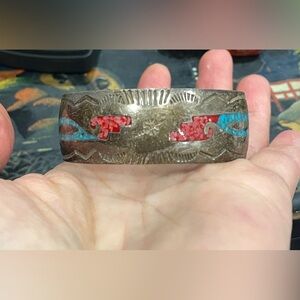 Mexican 975 and Turquoise and Coral Inlay Cuff Bracelet